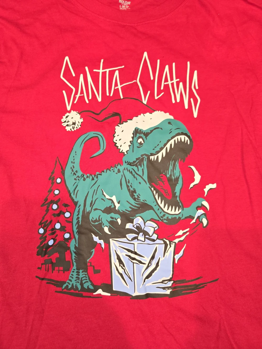 Holiday Time Red Long Sleeve Tee with Teal Dinosaur Santa Graphic